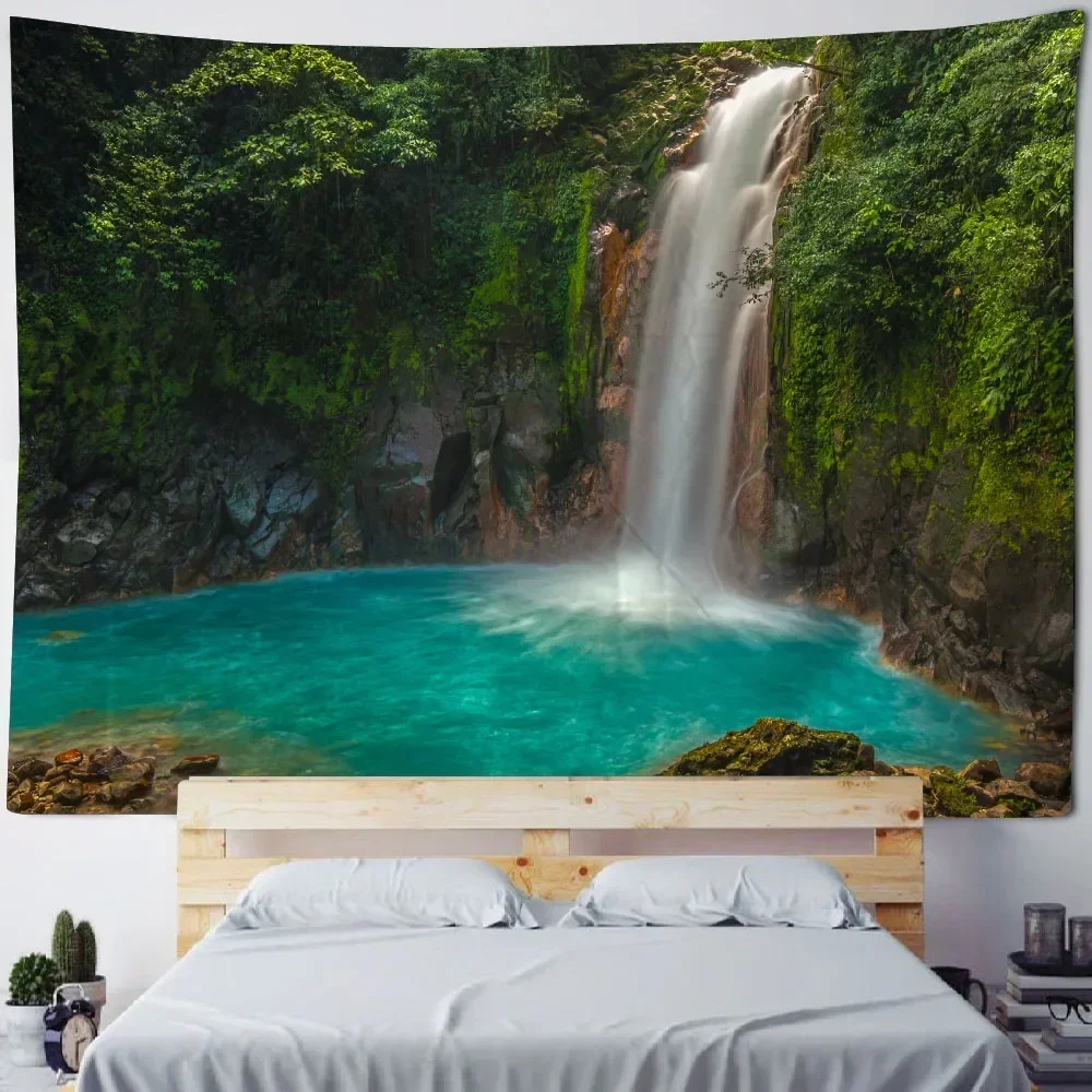 Jungle waterfall tapestry forest landscape wall hanging psychedelic home wall decoration bohemian hippie picnic mattress sheet