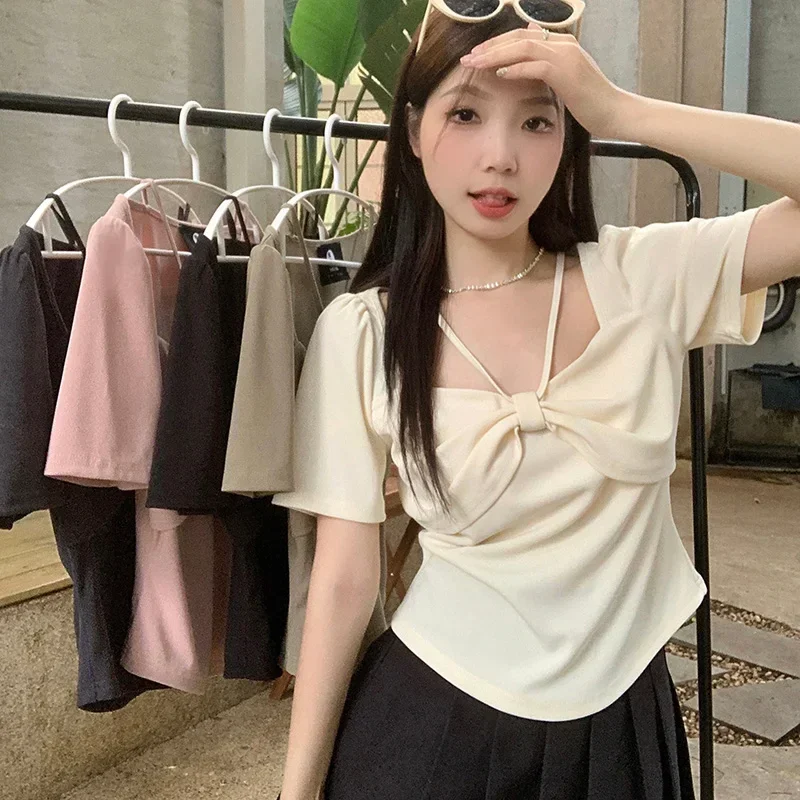 Women Sweet Korean Versatile Tops Lady Vogue Ruched Short Sleeved T-shirts Female Cutecore Butterfly Knots Halter Tie Up Clothes