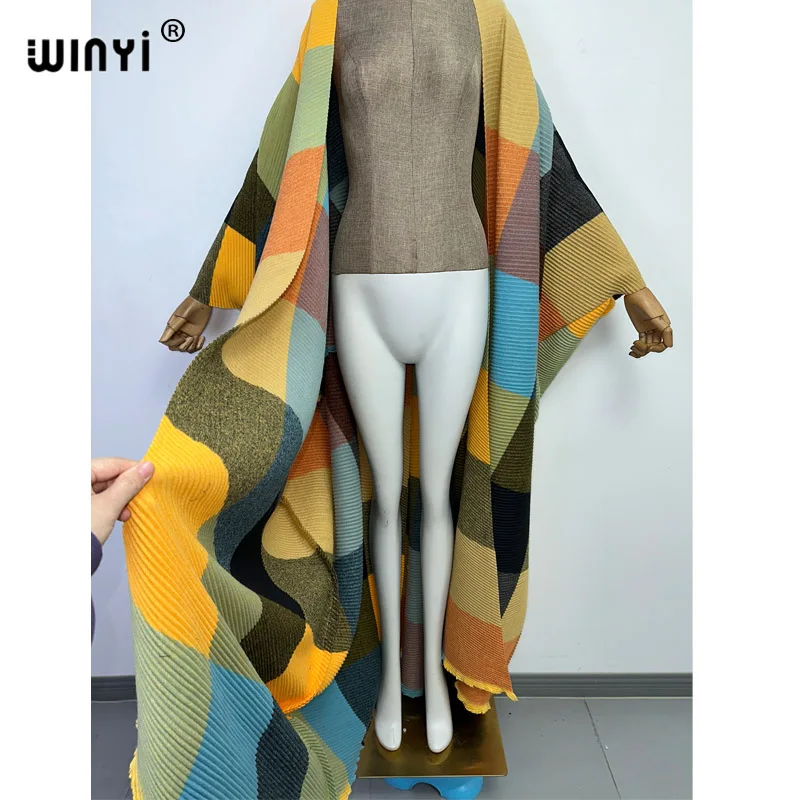 Imagem -05 - Winyi Inverno Listra Impressão Algodão Vestido Plissado Praia Wear Elegante África Feminino Cardigan Quente Boêmio Festa de Férias Quimono