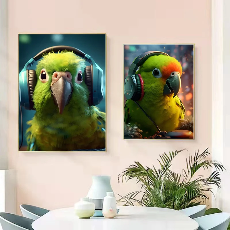 

Fun Animal Parrot Listening to Music Posters and Prints Modern Wall Art Canvas Painting Pictures for Bedroom Home Decoration