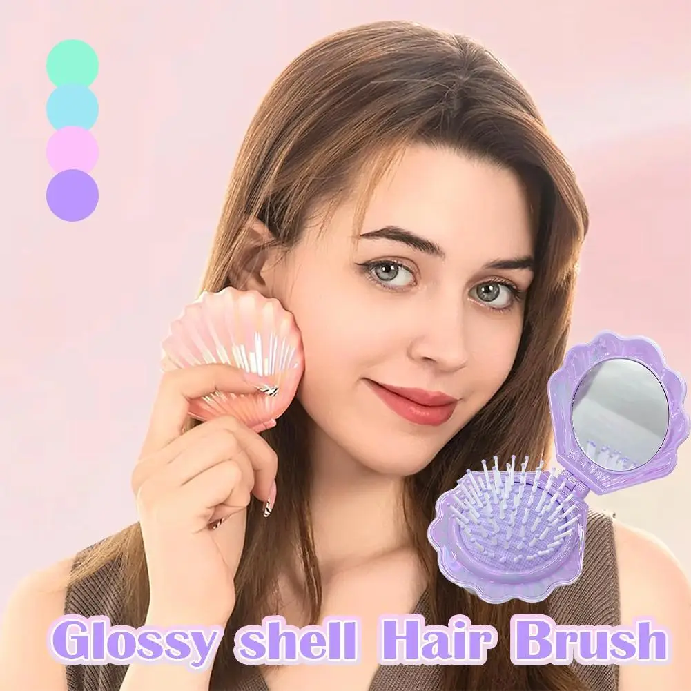 

Cute Shell Folding Hair Brush With Mirror For Women Girls Compact Travel Size Mermaid Hair Brush Mini Pocket Mirror Massage Comb