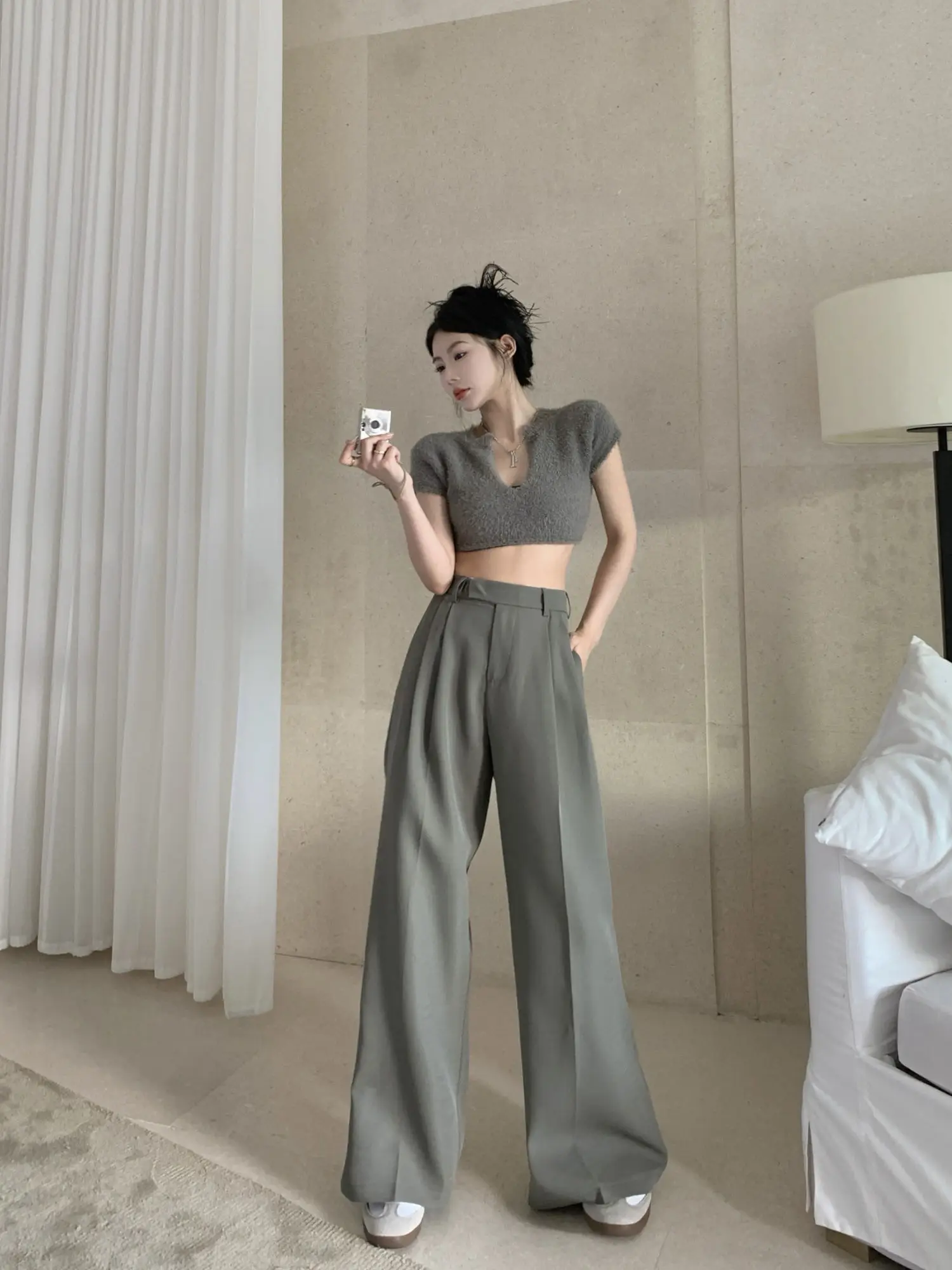 2023 Spring Summer Casual Pants For Women's Pure Black White Loose Straight Trousers High Waist And Thin Wide Leg Pants