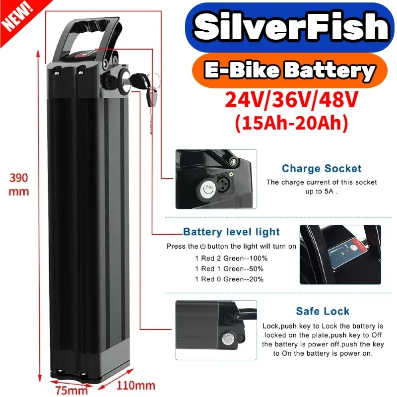 

NEW hot selling Silverfish Lithium Electric Bike battery48V 36V 24V 15A 20A 800W 500W Li-Ion E-Bike 18650 Battery Pack+ Charger