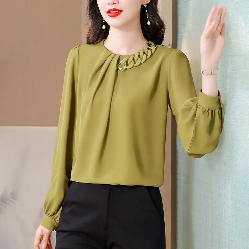 Temperament Fashion Simplicity Solid Color Atmosphere Versatile Montage Chain Age Reduction Women\'s Chiffon Shirt Autumn 2024