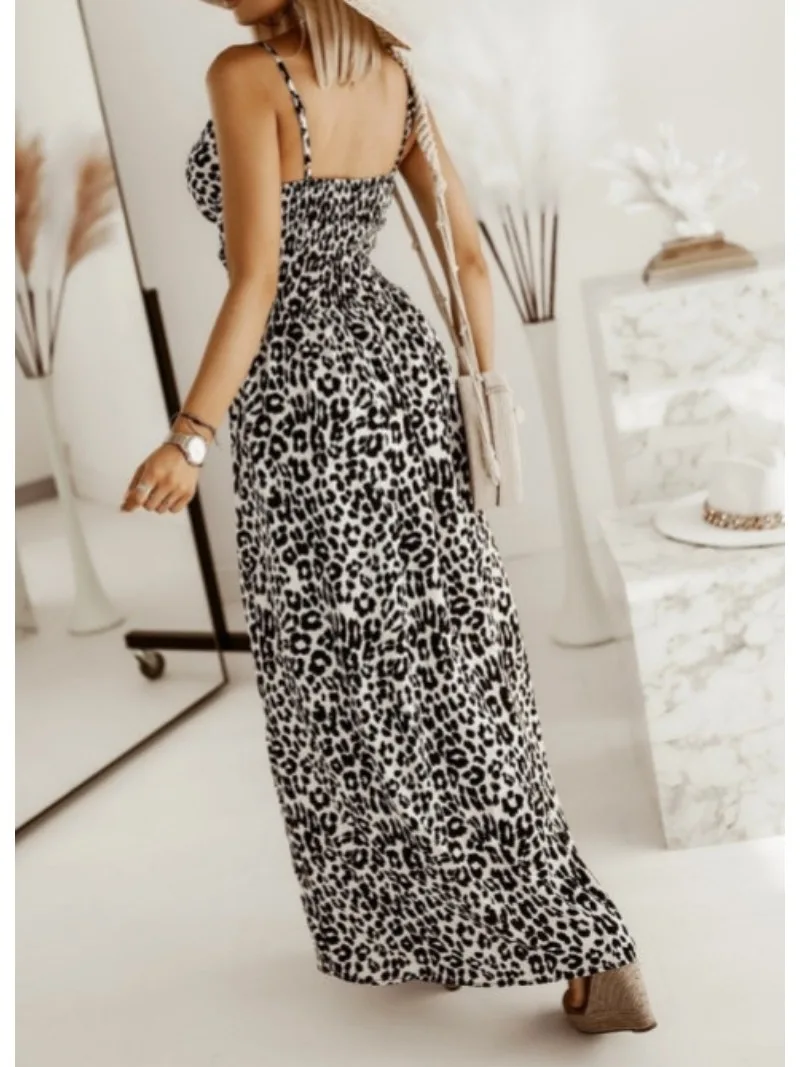 Women's Fashionable Long Leopard Print Printed Camisole Dress for Leisure Vacation with Large V-neck and Ankle Skirt