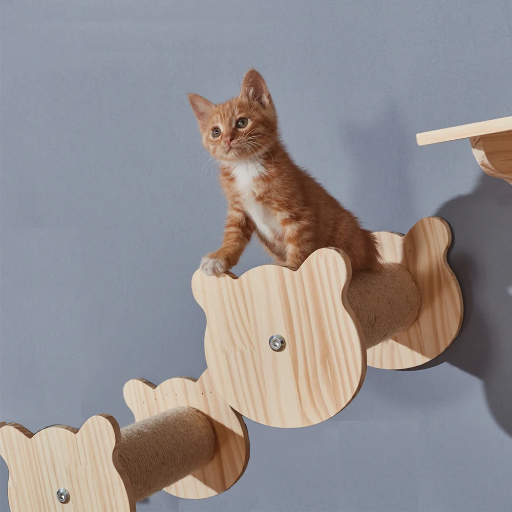 Cat Wall Mounted Furniture Hammock Climbing Shelves Cat Scratching Post Wooden Stairway Shelves Sisal Ladder Cat Climbing Frame