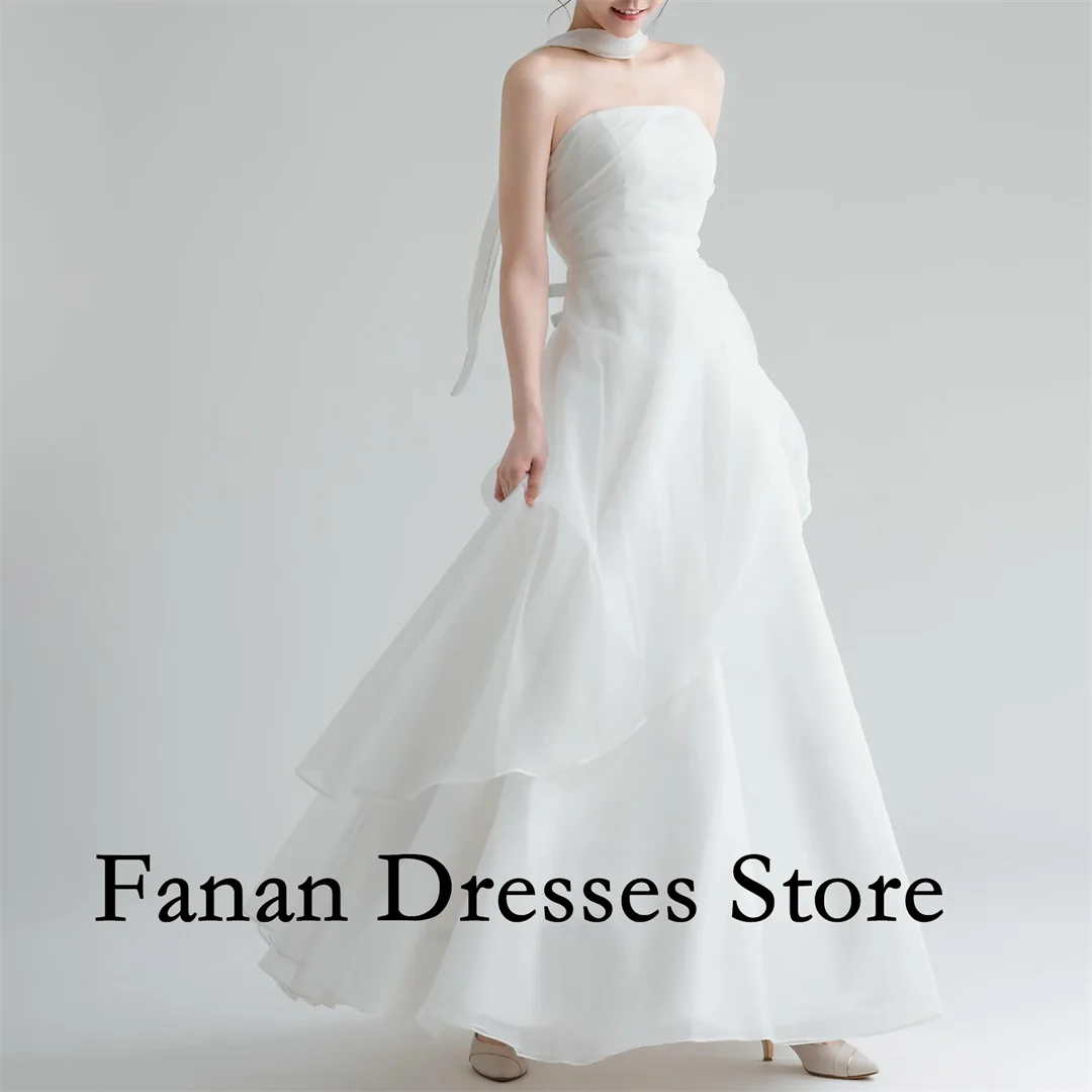 فانانان كوريا على شكل حرف a طول الأرض بدون حمالات أورجانزا متدرج مكشكش بدون أكمام مشد فساتين زفاف سترس عاجي مخصص Pr #4