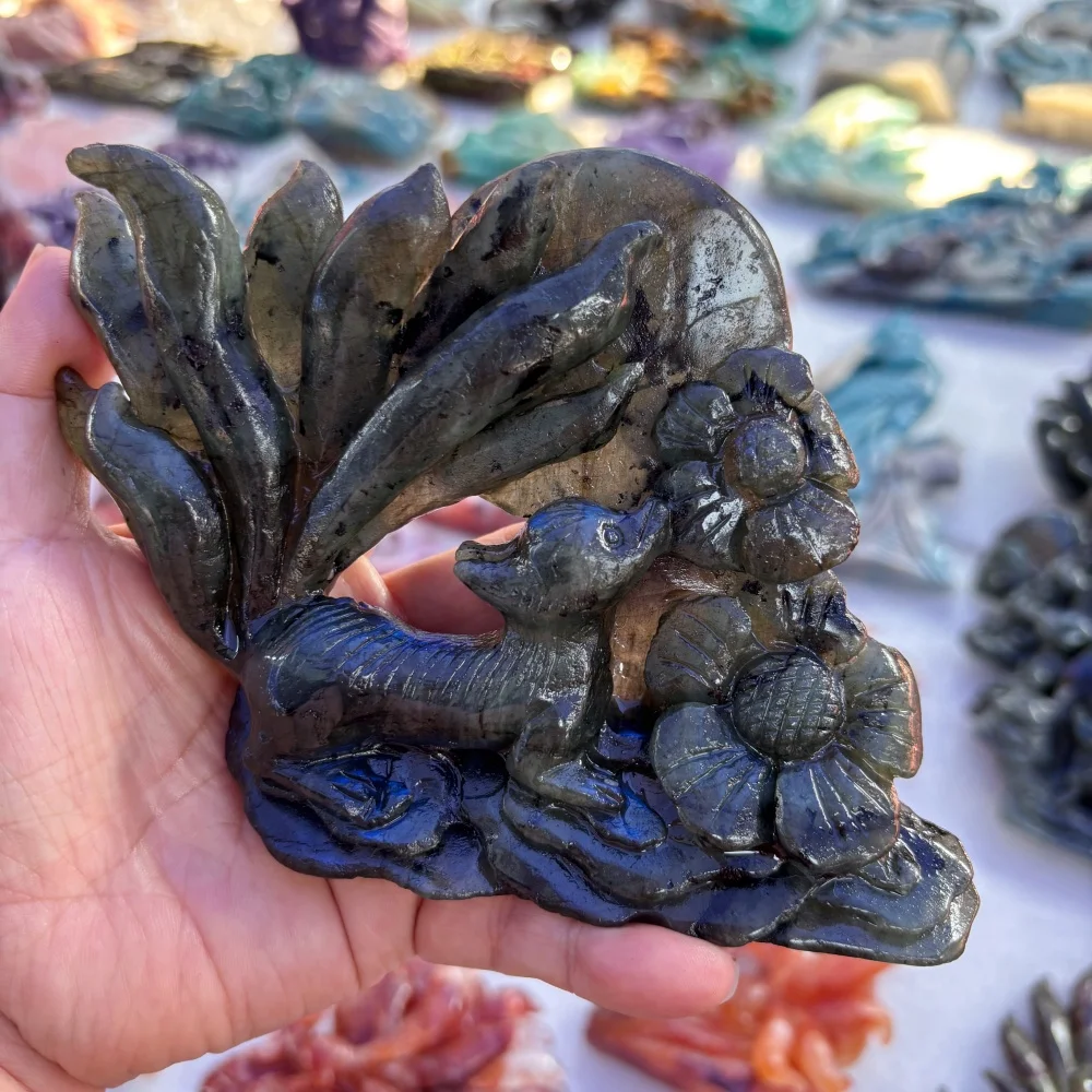 Natural Labradorite Nine Tailed Fox Hand Carved Crystal Fox Statue Flash Blue Shine Reiki Healing Stone Fantasy Home Decor Gift