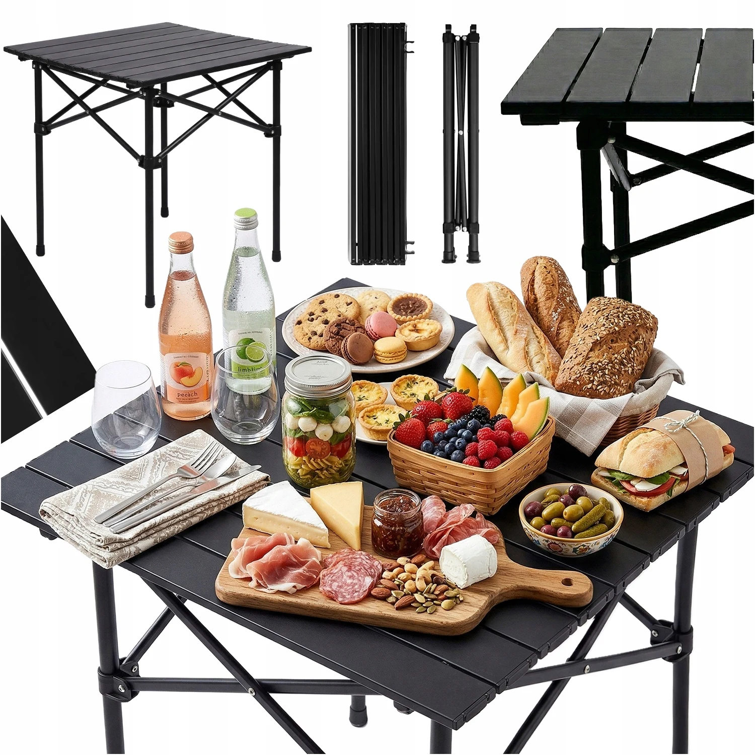 Table de camping pliante noire 50 x 53 x 50 cm, table de pique-nique portable d'extérieur avec sac de transport, plateau imperméable et pieds antidérapants, table compacte pliable pour jardin, balcon, terrasse, charge maximale 70 kg, table de camping légère pour barbecue, pêche, plage, camping