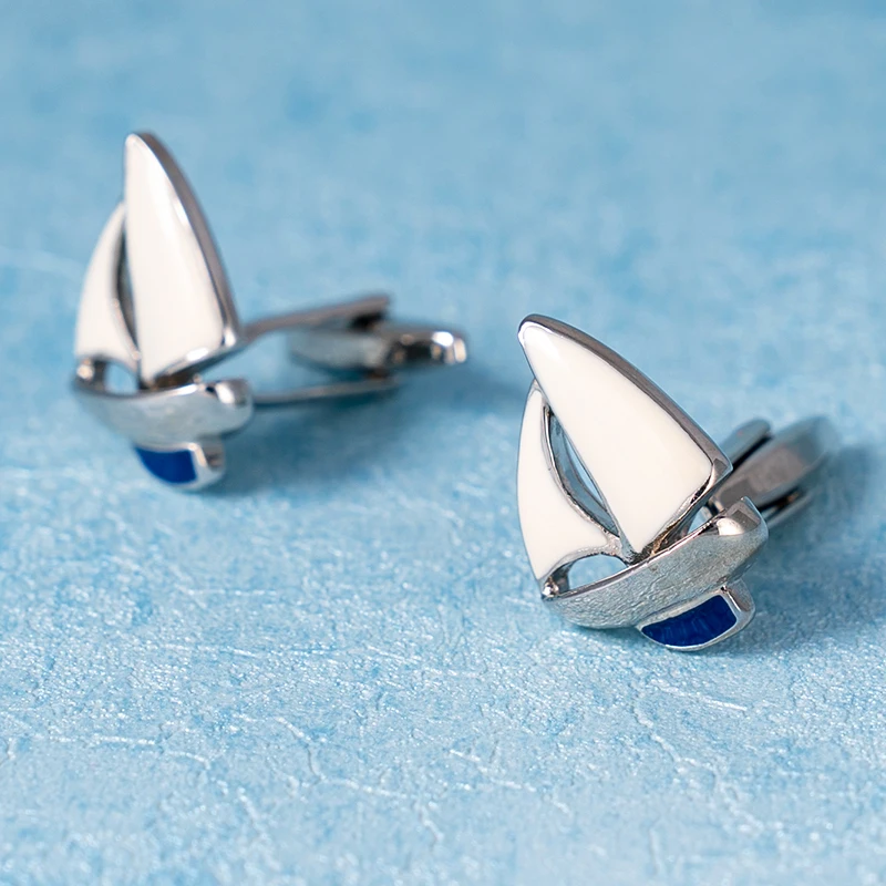 Fashion Sailing Boat Cufflinks Gold Metal Cuff Button White Blue Enamel Jewelry For Men Suit French Shirt Business Groom Gifts