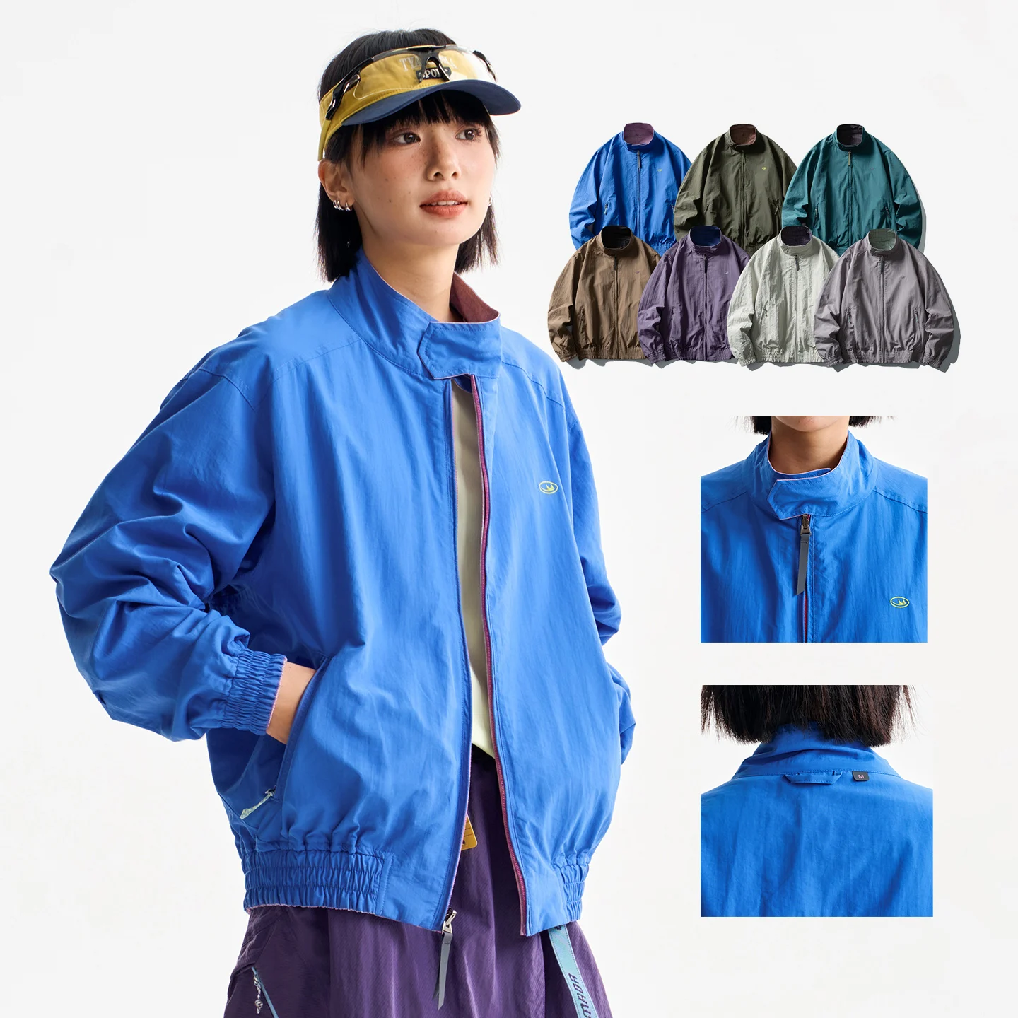 Color Contrast Reversible Stand Collar Jacket Unisex Water Repellent UV Quick Dry Loose Wind Coat For Hiking City Walk