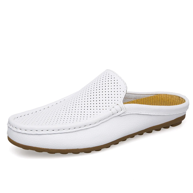 

Summer Men Moccasin Half Slippers Genuine Leather Closed Toe Casual Sandals