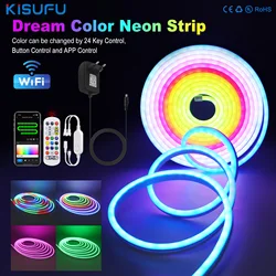 Neon luzes de tira led 12/24v 84leds/m rgb ws2811 silicone arco-íris néon corda luz sincronização música rgbic dreamcolor perseguindo fita