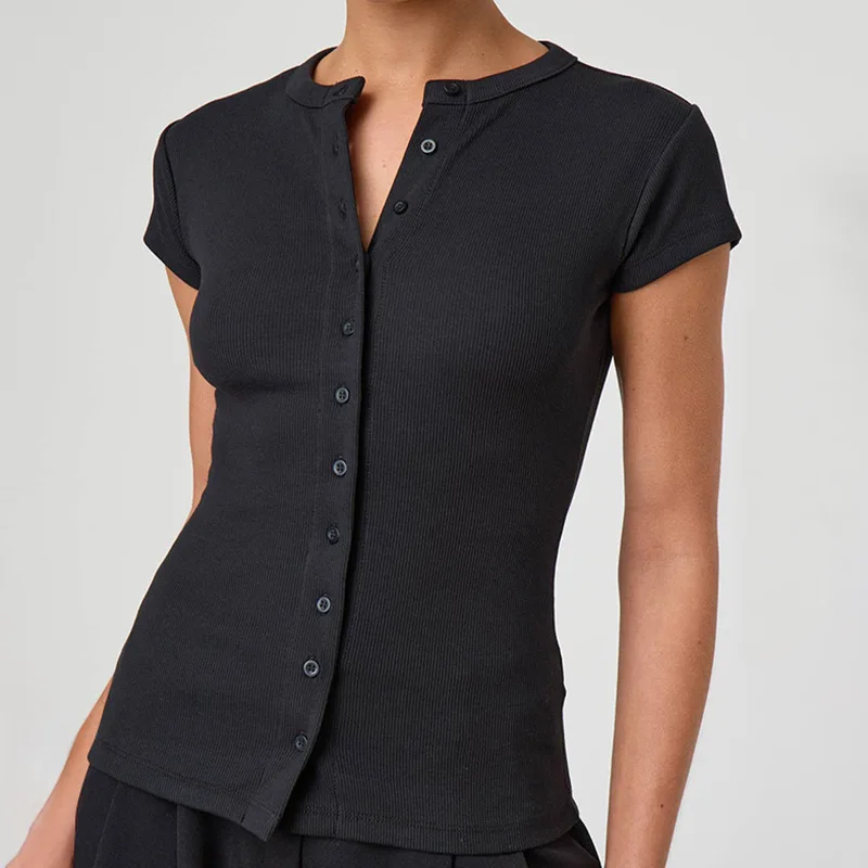New Solid Color Sexy Buttons Short-sleeved T-shirt Top Women's European American Women's Clothing Spring and Summer Y25TP017