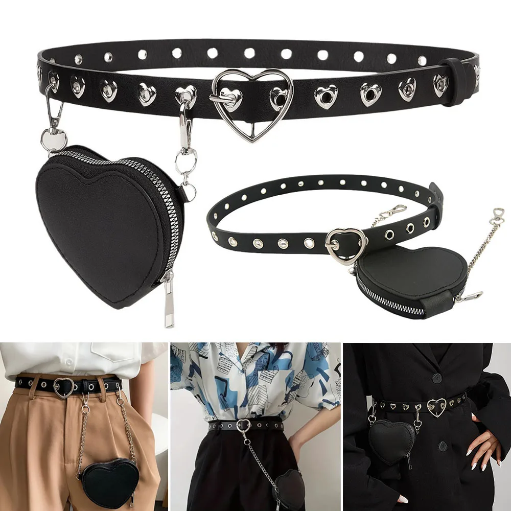 

Love Buckle Belt With Detachable Waist Bag Faux Leather Belt With Waist Bag Decorative Waistband Mini Belt Bag Cool Metal Chain