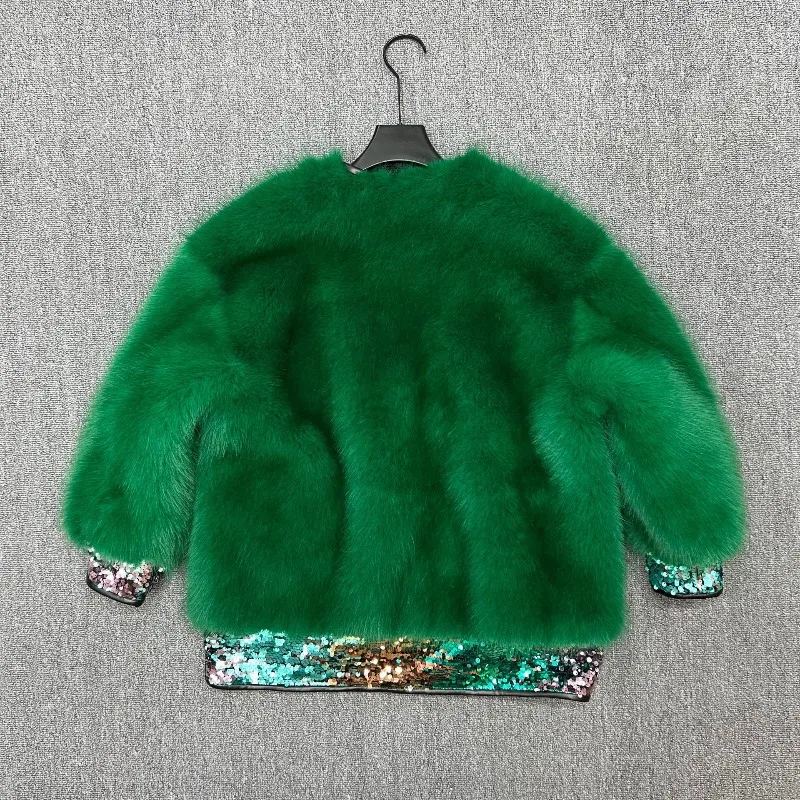 2025 Autumn Winter New Faux Fox Fur Coat Ladies Stylish Fashion Thickened Sequin Furry Integrated Women's Green Long Sleeves Top