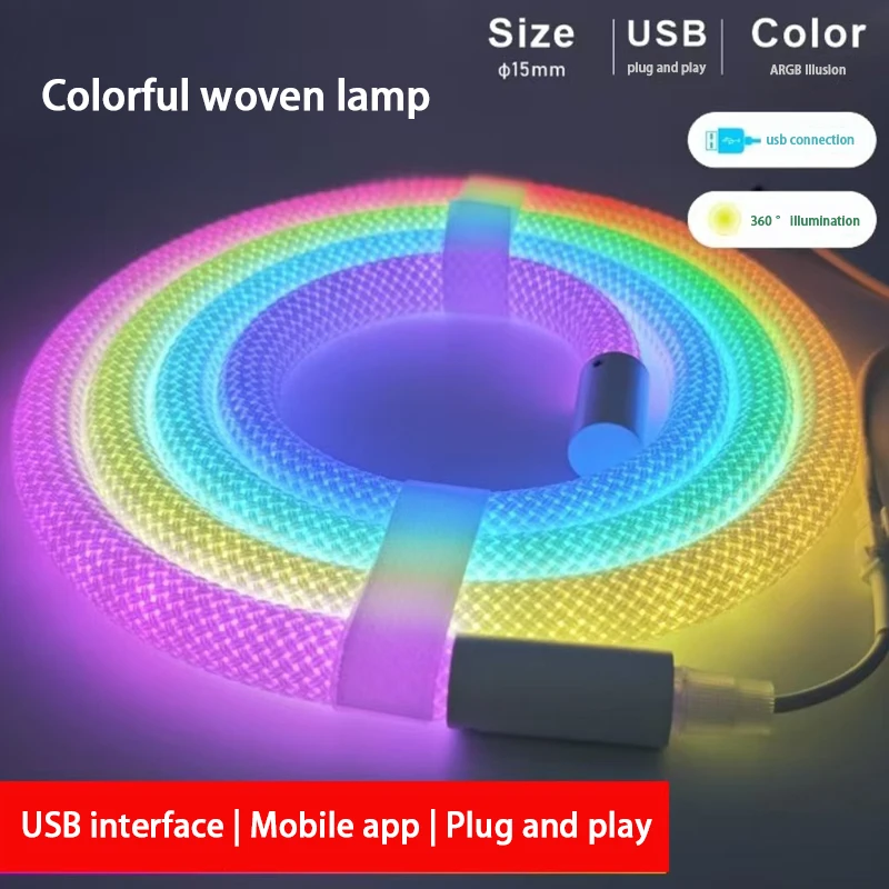 

Circular 360° glowing neon light strip 5m LED RGB flexible woven mesh rope light strips,application / remote control operation