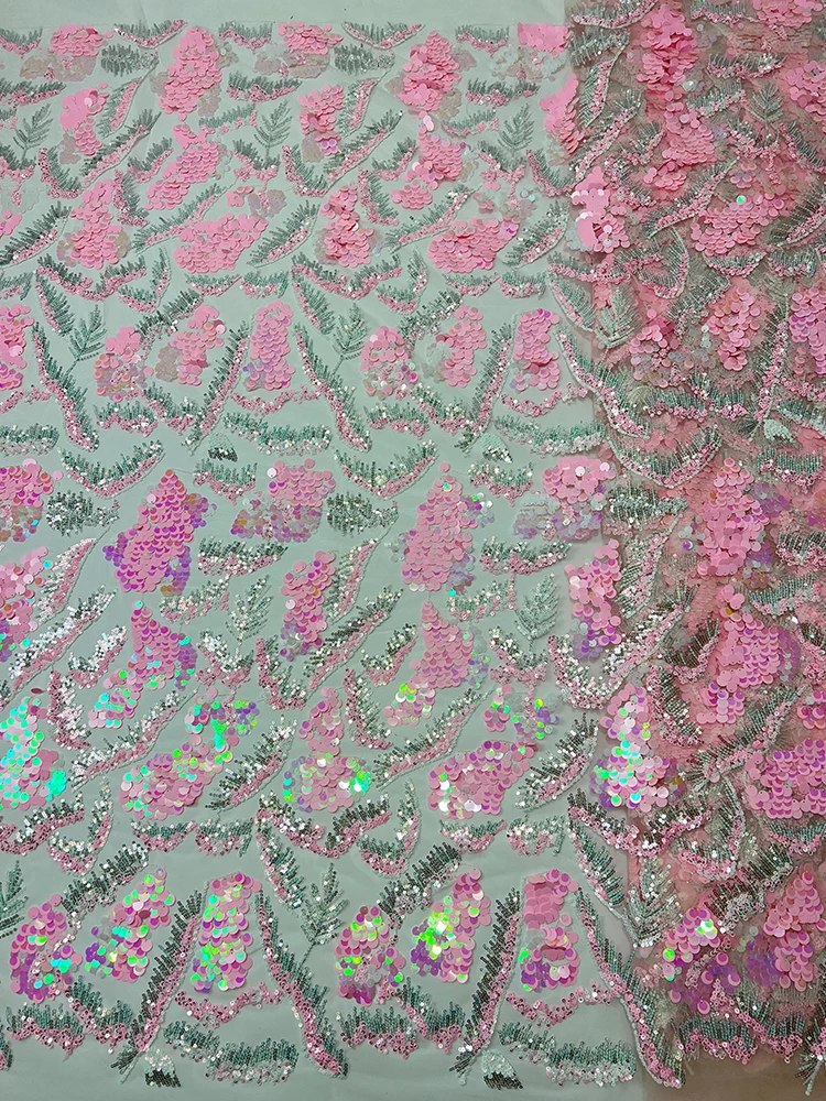 Pink Embroidered Mesh Fabric  Strip Beads Plant Shiny Sequins Costume Fabric for Dresses Wedding Clothes Children's O... view 2