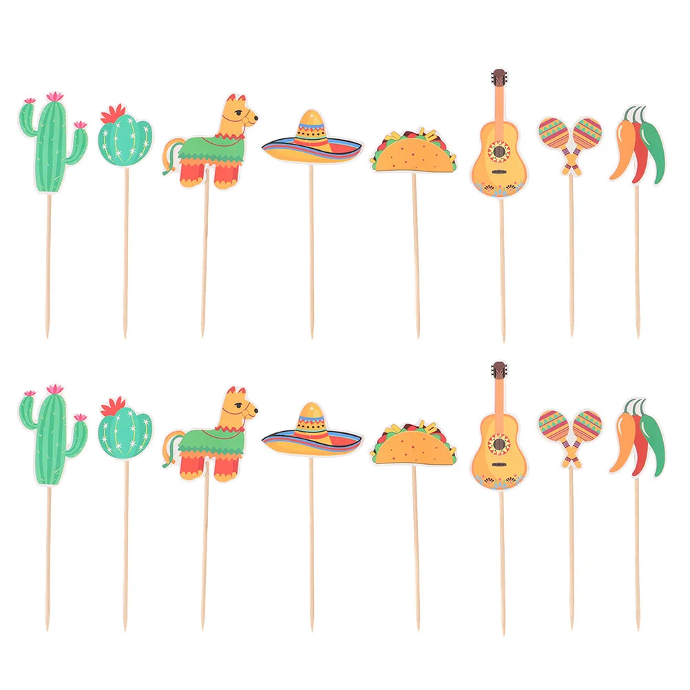 16pcs Mexican Party Cupcake Picks Carnival Party Cake Decorations Cake Cake Insert Props Cupcake Paper Bamboo Pick