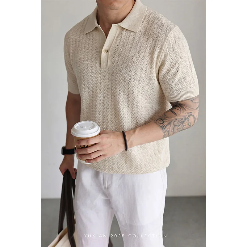 

Good Breathable Linen Knit Polos 2026 Summer Trendy Hollow Short Sleeve Knitwear Lyocell Knitting Turn Down Collar Tops