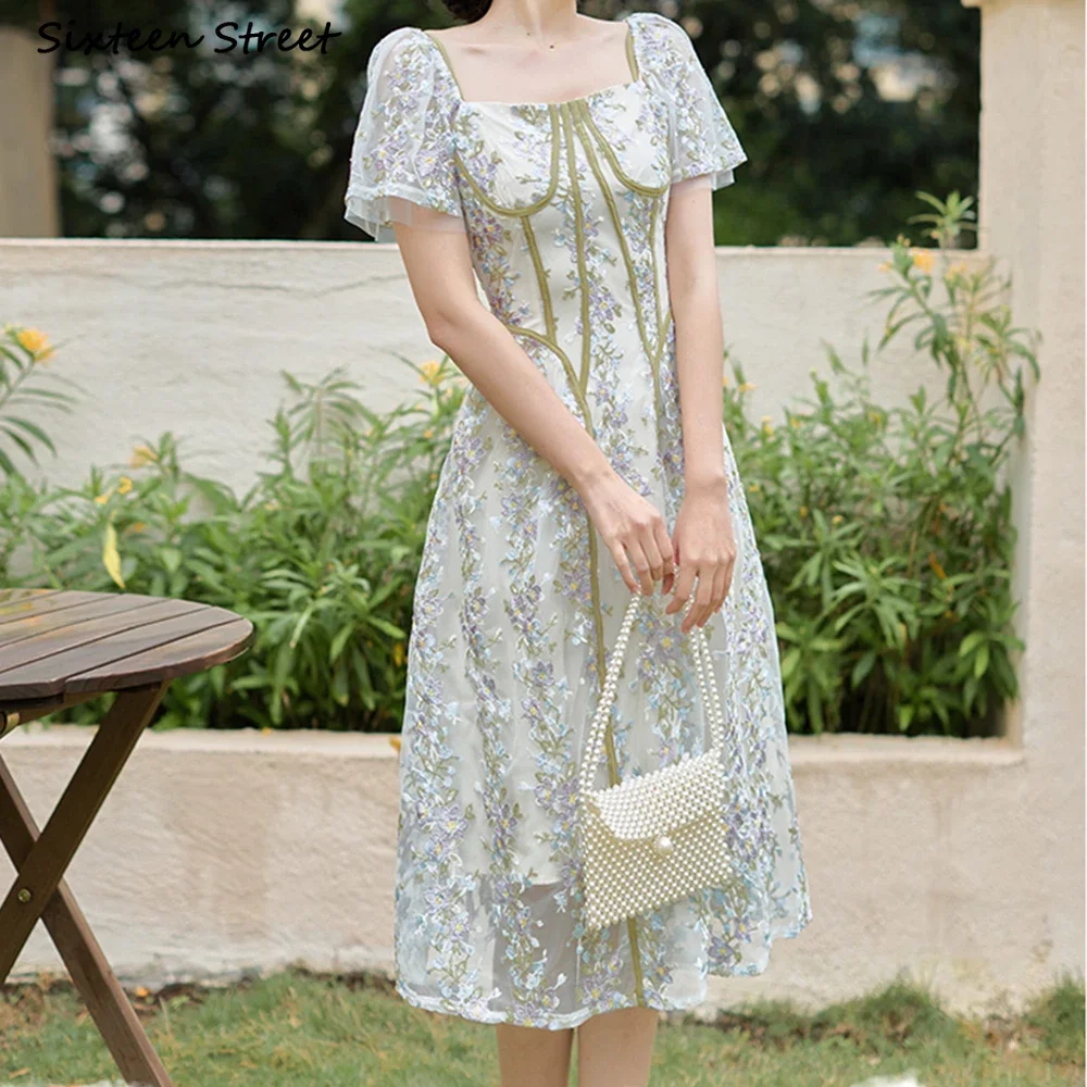 

Green Embroidery Flower Dress Women Vintage Summer Sleeveless Elegant Dress Women Clothing Runway Design Party Vestido