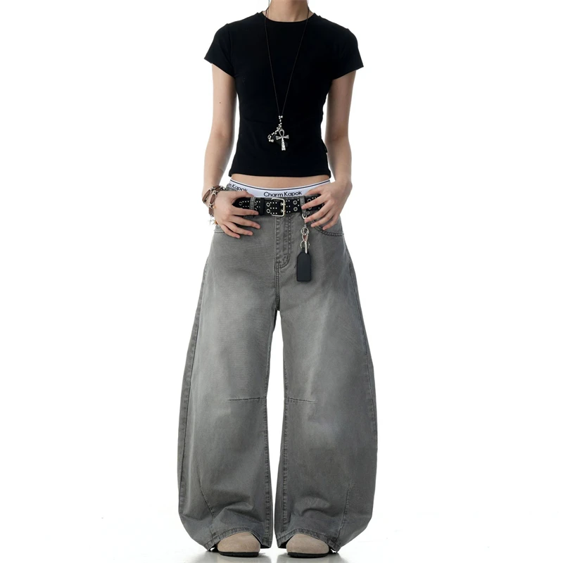 

Summer New Women's Fashion Retro Knife Edge Jeans Cotton Loose Wide Leg Banana Pants Floor Length Crescent Long Pants XXL