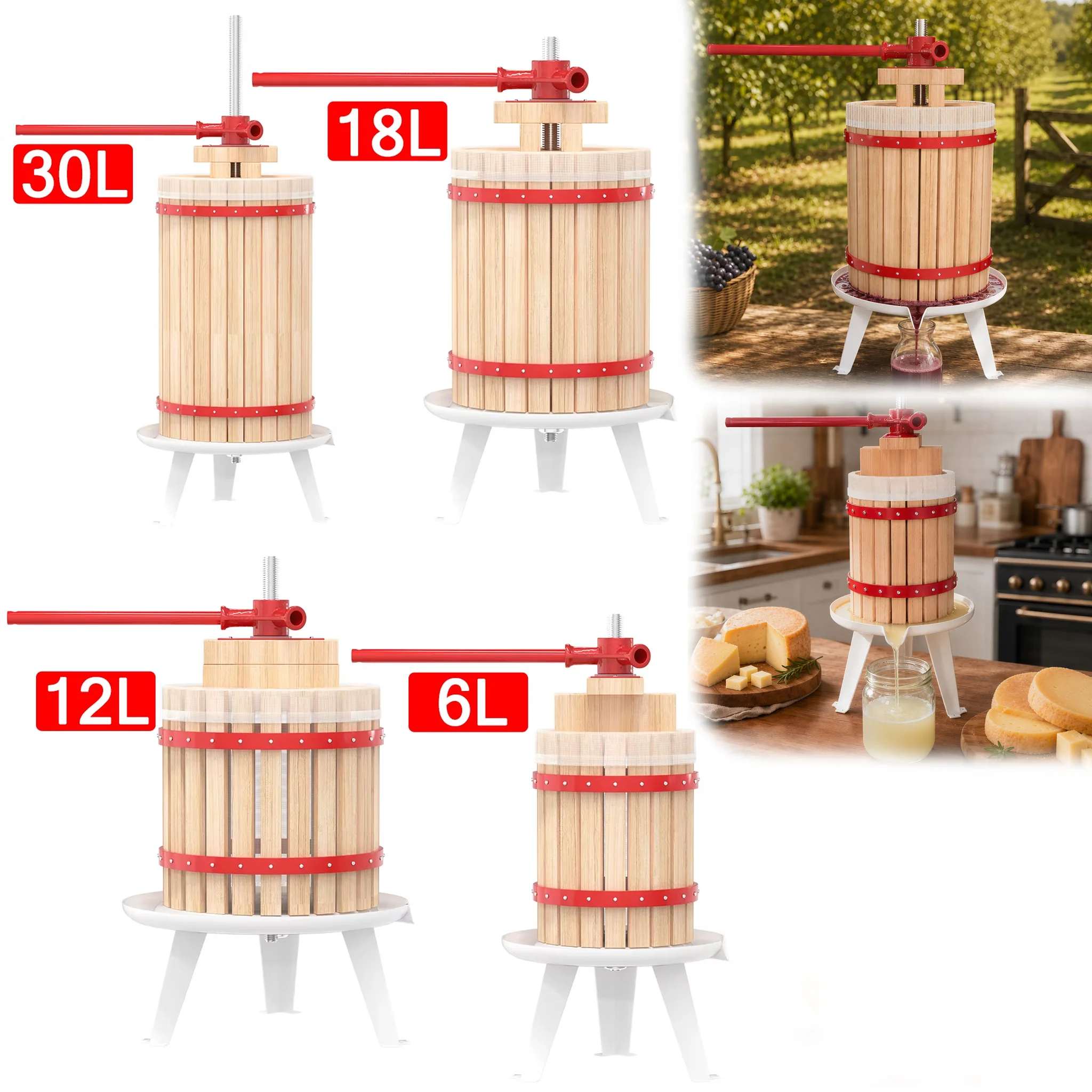 Pressa manuale per frutta da 6L/12L/18L/30L, pressa per vino, pressa per mele e uva con panno per pressare, pressa a mandrino con manovella e manico in ghisa, pressa per frutta per mele, uva e bacche