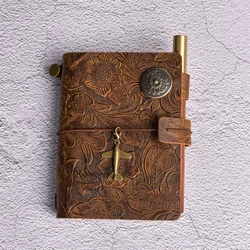 Flower Genuine Leather Notebook Brown Retro Journal Handmade DIY Planner Replace Books