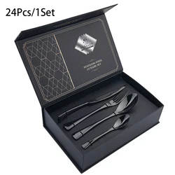 AJOYOUS 24pcs Cutlery Mirror Set Stainless Steel Knife Fork Spoon Tableware Western Kitchen Dinnerware Western Flatware with Box