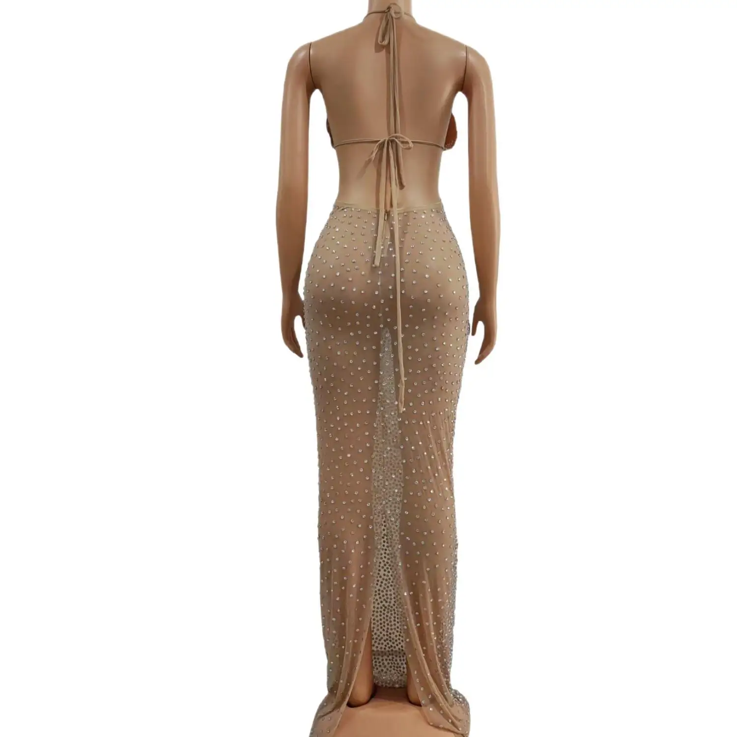 Shizuanbijinichangqun Luxury Nude Mesh Rhinestone Halter Neck Cutout Maxi Dress for Women Formal Prom Gala Evening Party
