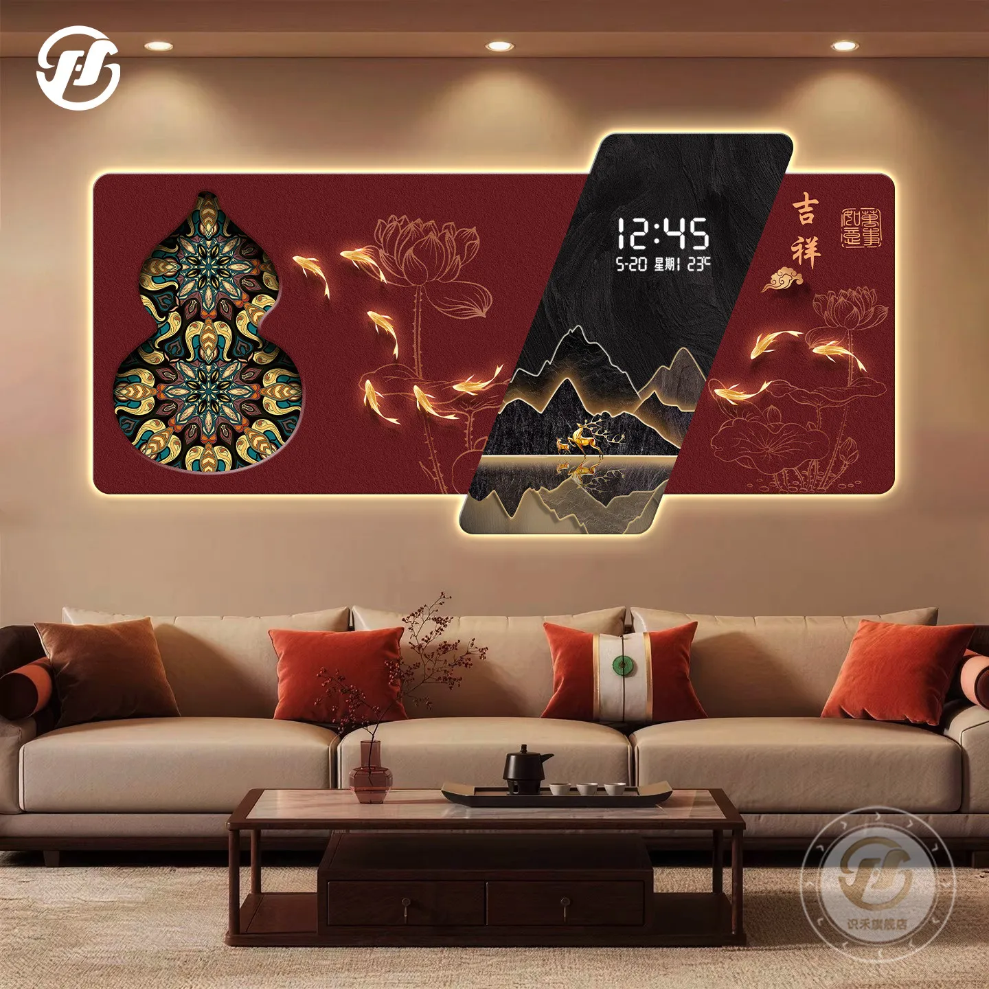 Nine Fishes Painting - Living Room Hanging Artwork, Gourd Digital Display Clock, Luxury Mountain and Water Glow Painting