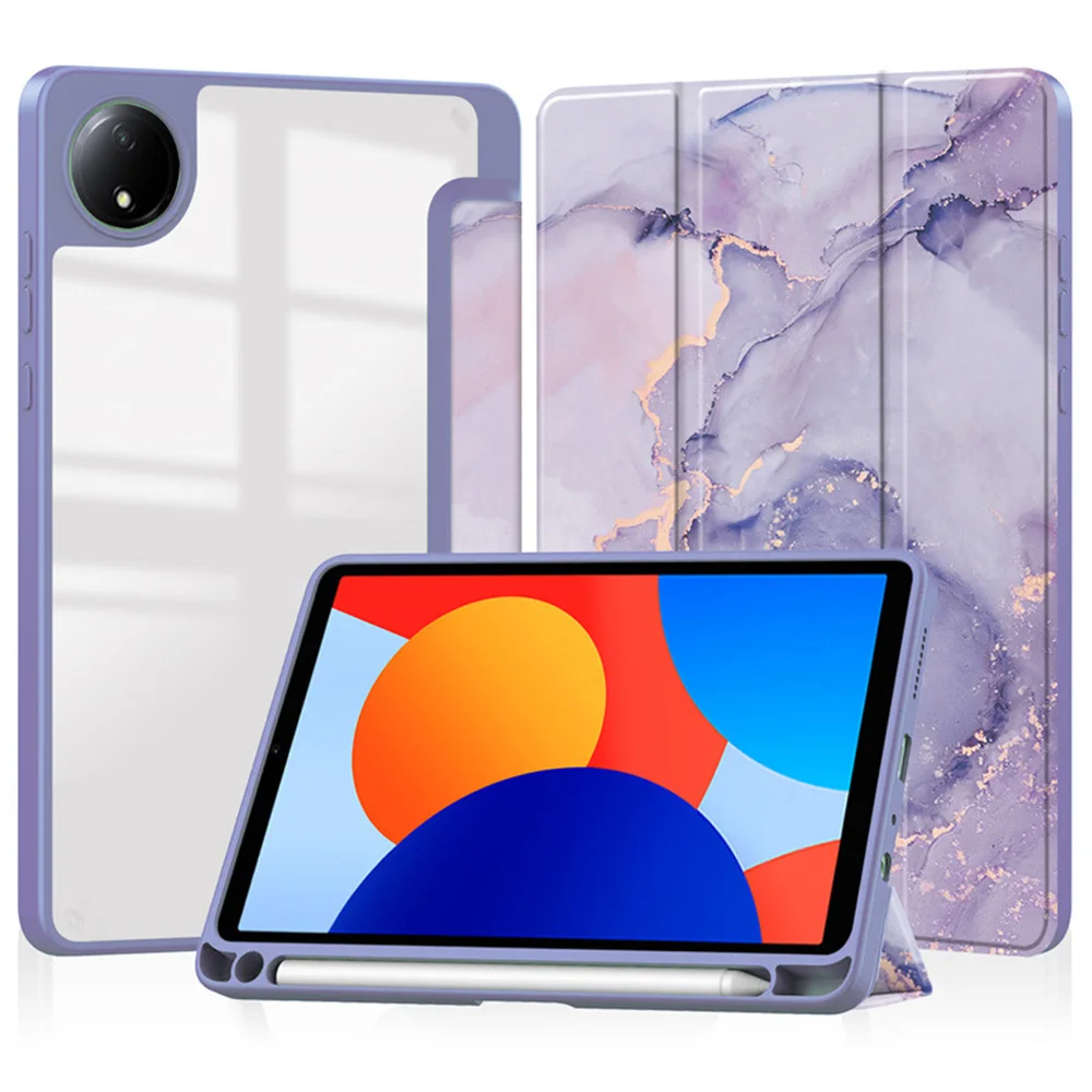 

For Xiaomi Redmi Pad SE 4G 8.7 inch Tablet Case Tri-Fold Stand Pattern Printing Clear Acrylic Leather Cover - Purple Marble