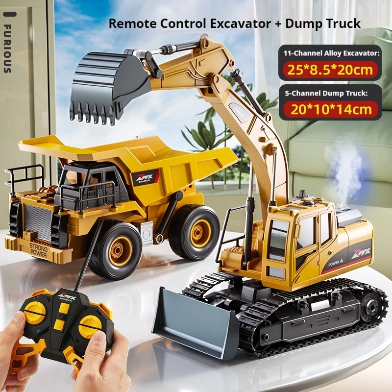 FURIOUS Remote Control Alloy Excavator And Dump Truck Toy 11 Channel Excavator 5 Channel Dump Truck Spray Sound Light For Kids