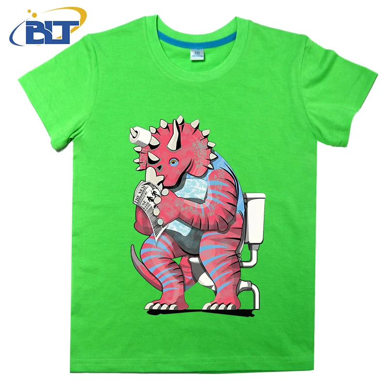 Triceratops เสื้อยืดเด็กพิมพ์ลายบนห้องน้ำเสื้อลำลองแขนสั้นผ้าคอตตอนสำหรับฤดูร้อนเหมาะสำหรับทั้งเด็กผู้ชายและเด็กผู้หญิง