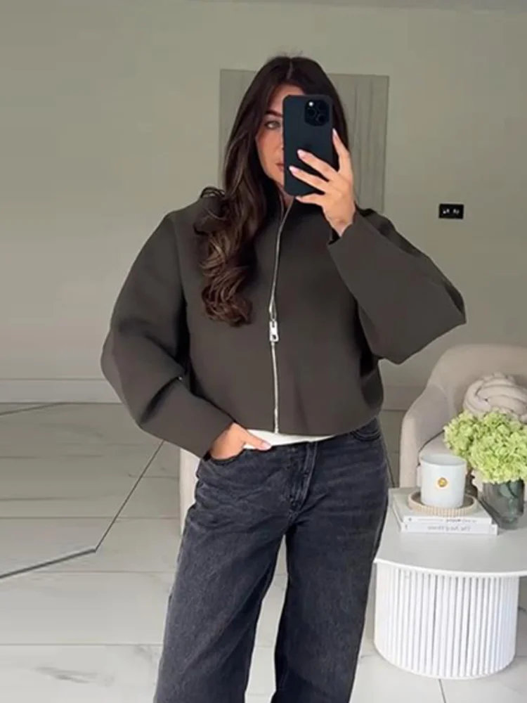 Y2K stojáček na zip pletená bomber bunda dámská elegantní dlouhý rukáv kabát dámská high street chic 2026 jaro dámské svrchní oblečení - náhled 2