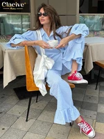 Clacive Fashion Loose Plaid Cotton Women's 3 Pieces Set 2025 Elegant Long Sleeve Shirt With High Wiast Wide Pants Set Female - Image 3