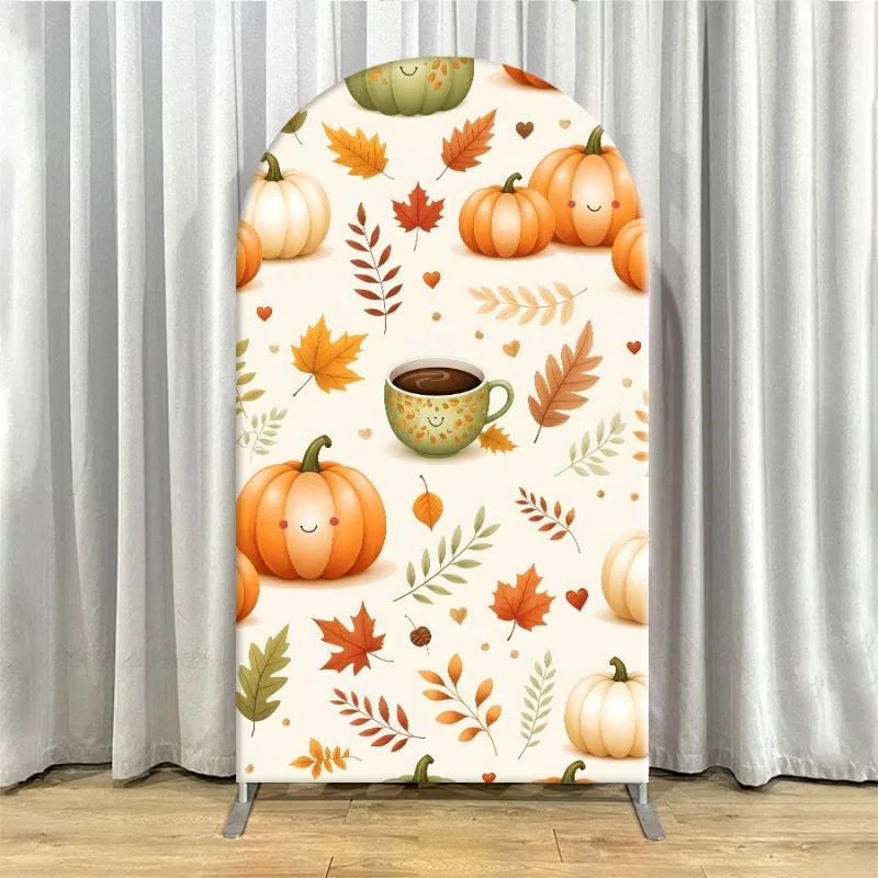 Arch Backdrop Cover Single Side Thanksgiving Festive Pumpkins Leaves Happy Script Party Decoration Photo Booth Background Event