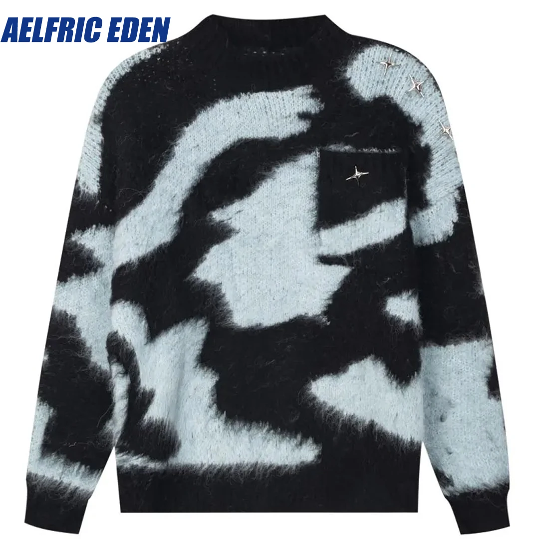 Aelfric Eden-Camisola Mohair Vintage, Fofo Fuzzy Patchwork Jumpers, Malhas Soltas, Estrelas Retro, Hip Hop, Harajuku