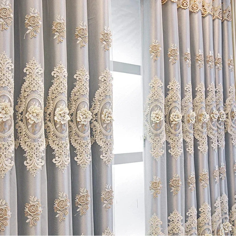 European Double-layer Thickened Curtains For Living Room Bedroom Blackout High-grade Cloth Yarn Integrated Embossed Embroidery