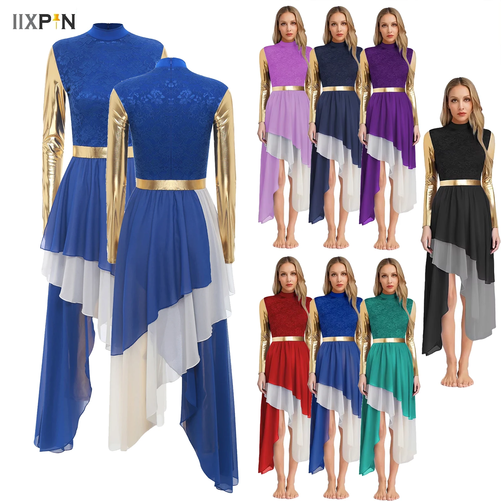 

Women Liturgical Tunic Dress Metallic Church Worship Praise Choir Dance Overlays Gown Robe Dance Stage Performance Dancewear