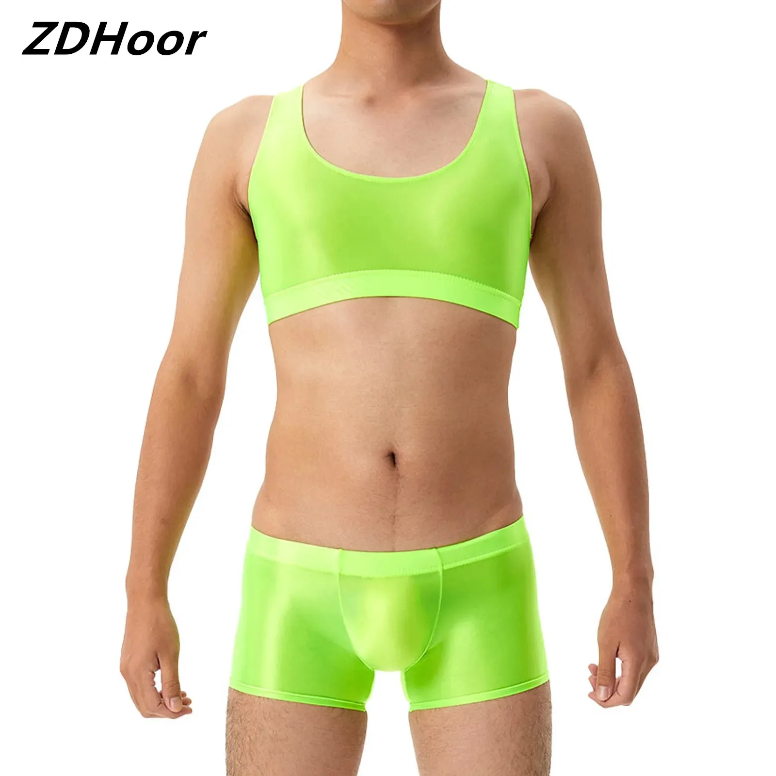 Mens Glossy Swim Set Sleeveless U Neck Racerback Crop Top with Elastic Waistband Boxer Briefs Underwear for Swimming Training