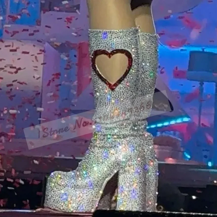 

Сапоги до колена со стразами и вырезом в форме сердца, блестящие серебристо-розовые высокие сапоги с кристаллами, блестящие модельные туфли на платформе и массивном каблуке