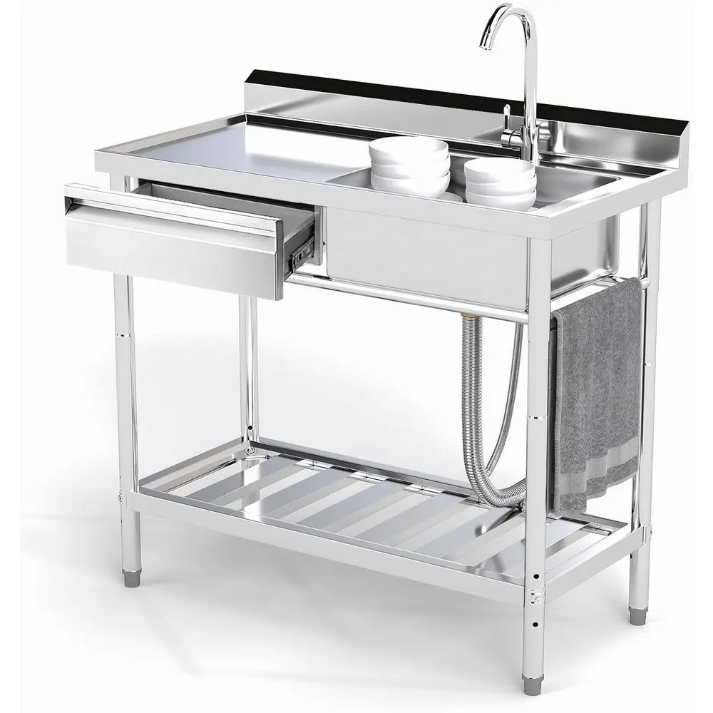 39 Single Bowl Kitchen Sink with Deck, Cold and Hot Water Pipe, Indoor/Outdoor or Laundry Room Use (39 inch)