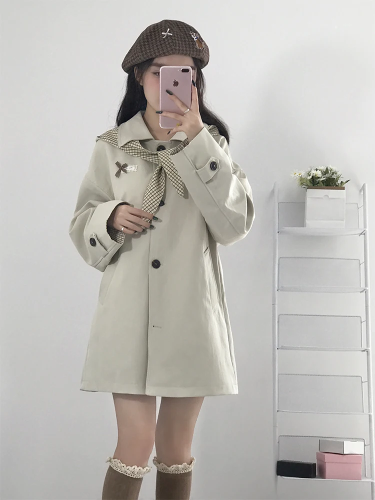 한국 스타일 대학 바람막이 재킷 여성용 가을 신상 루즈핏 롱 슬림 코트 소형 사이즈 중간 길이 싱글 버튼