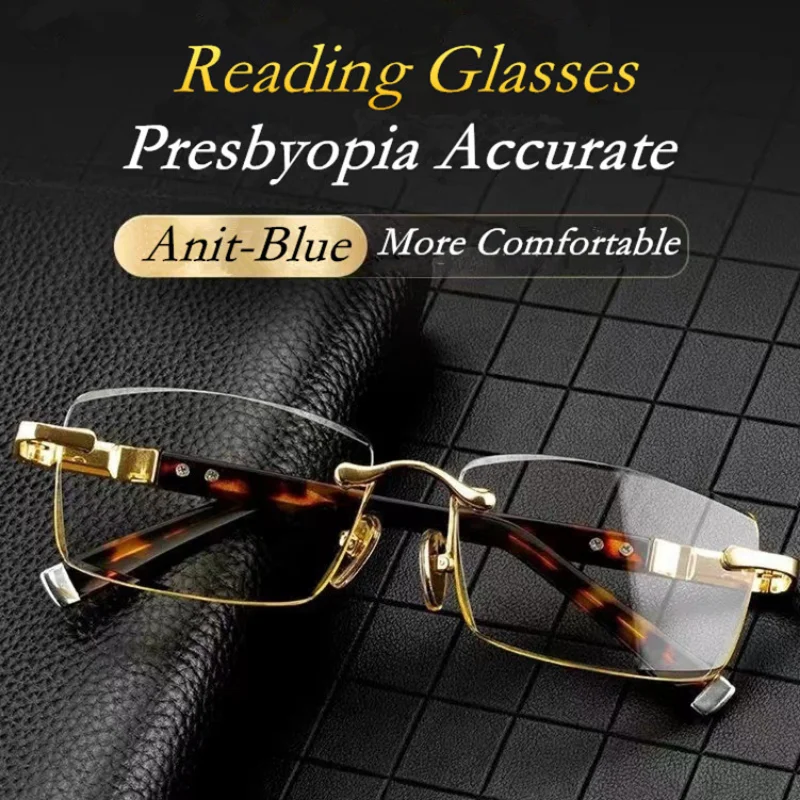 

Anti Blue Light Frameless Reading Glasses for Men Diamond Cutting Anti Fatigue Hyperopia Presbyopia Glasses +1.0 To +4.0