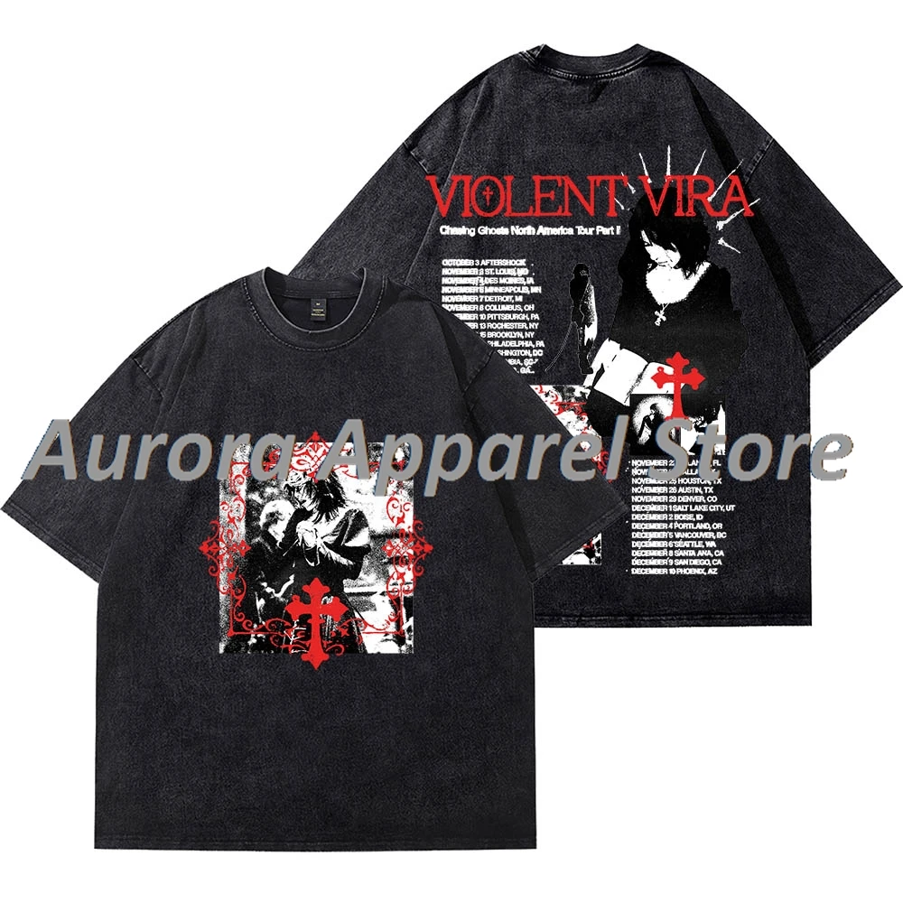 

Винтажные стиральные футболки Violent Vira 2025 Tour Lover Of A Ghost Merch для женщин и мужчин, хлопковая футболка с короткими рукавами