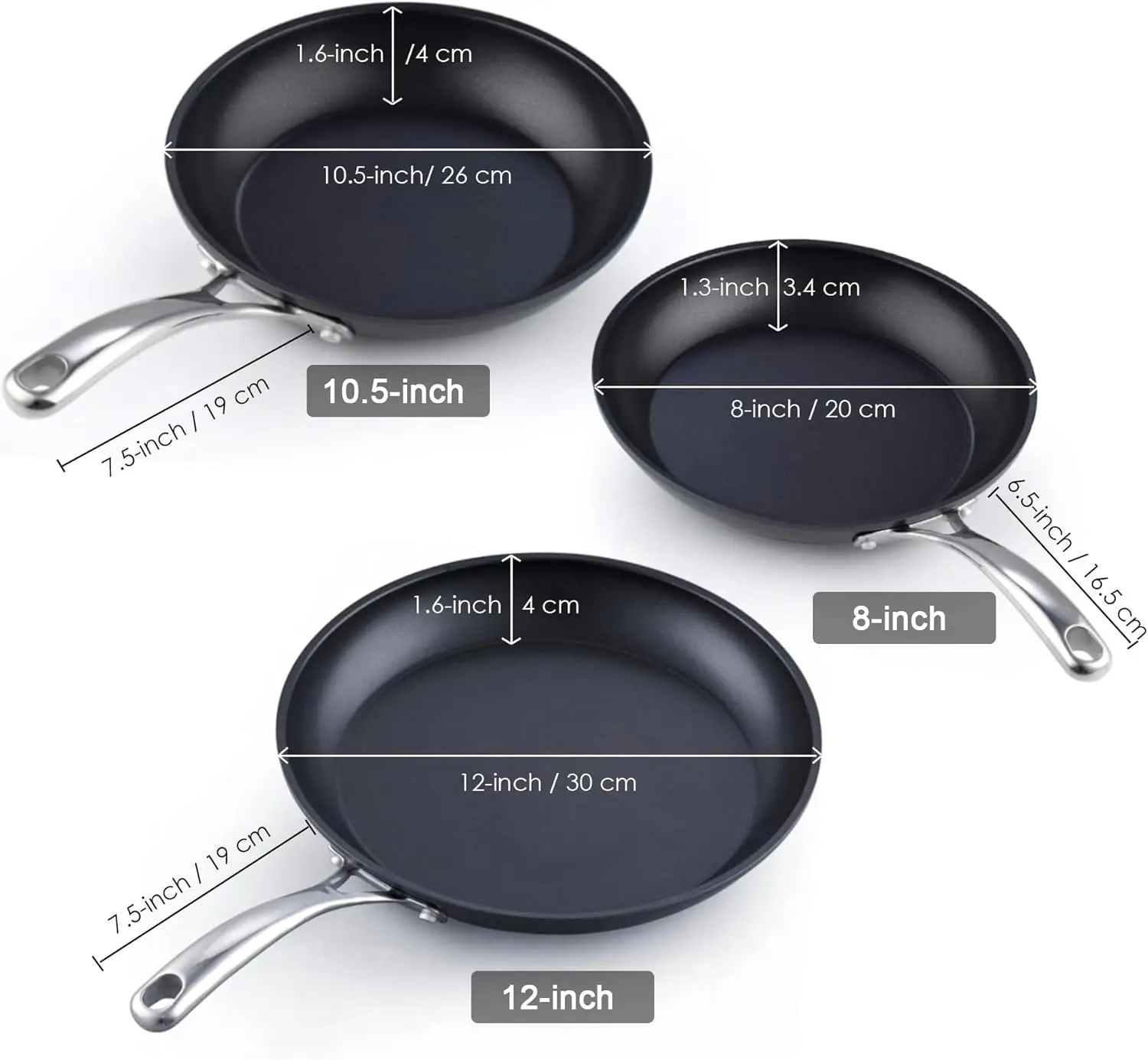 Frying Omelet Pan Set, 3-Piece Classic Hard Anodized Nonstick 8-Inch/10.5-Inch/12-Inch Saute Skillet Egg Pan, Black