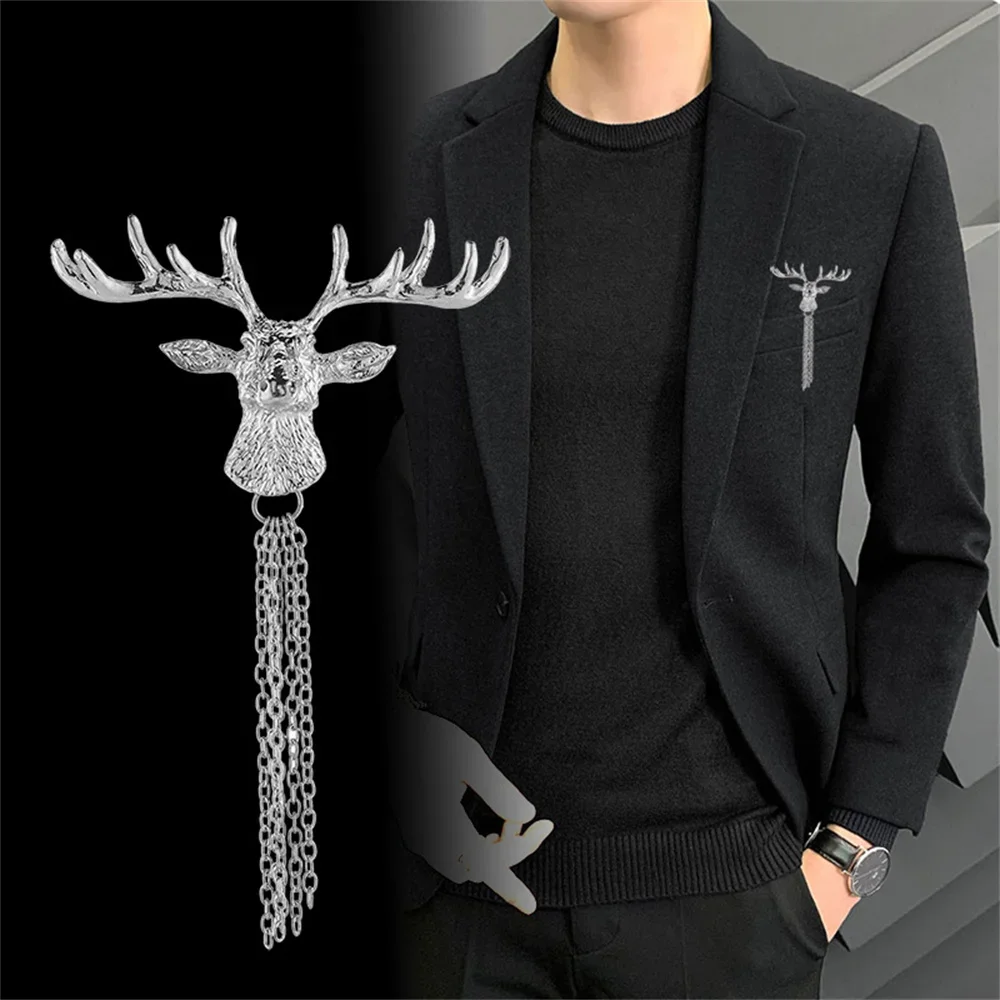 Trendy Elk Deer Head Brooch for Men Fashion Shirt Collar Tassel Chain Lapel Brooches Pins Jewelry Accessories Boyfriends Gift