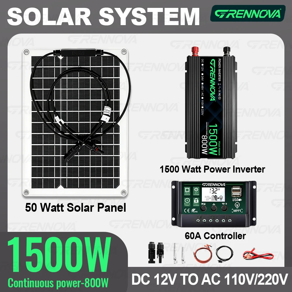 

Solar Power System Kit 50W Panel 60A MPPT Controller Inverter (Peak 1500W Continuous 800W) 12V To 110V/220V for Balcony & RV