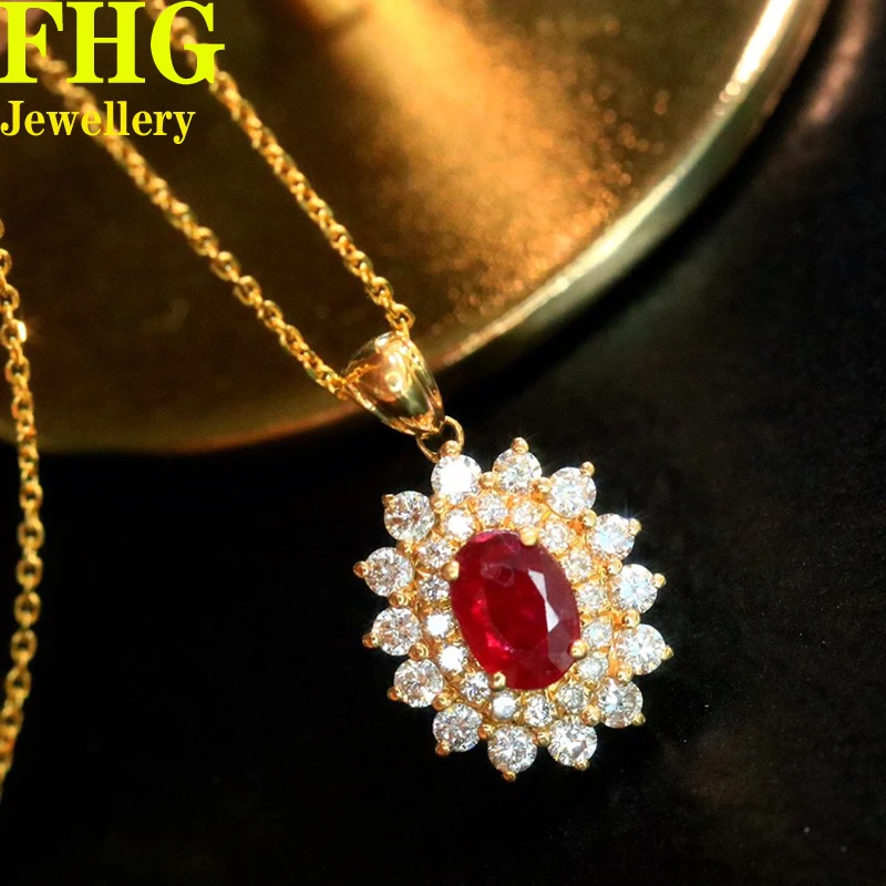 

Natural Real Diamond 0.45Ct and natural ruby0.6Ct 18K Yellow Gold Necklcae Ladies Birthday Gift Party Wedding Jewelry